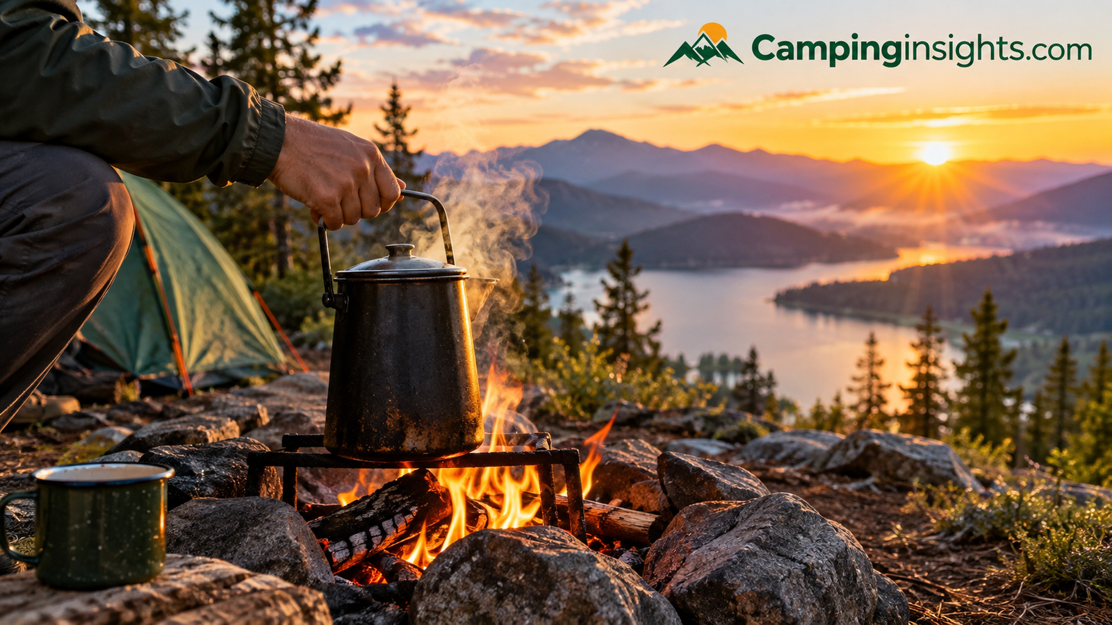 Making coffee at a campsite over a fire at sunrise