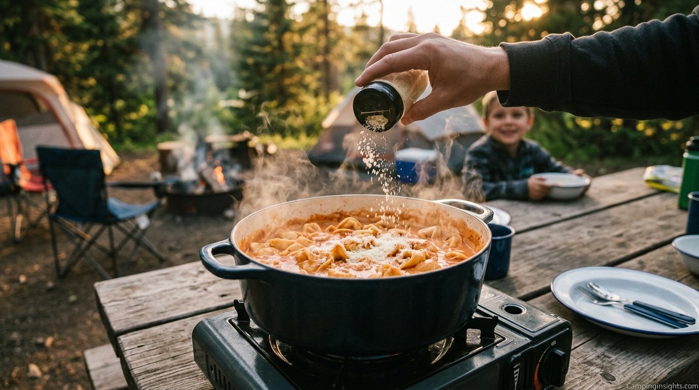 One-pot cheesy tortellini camping dinner idea