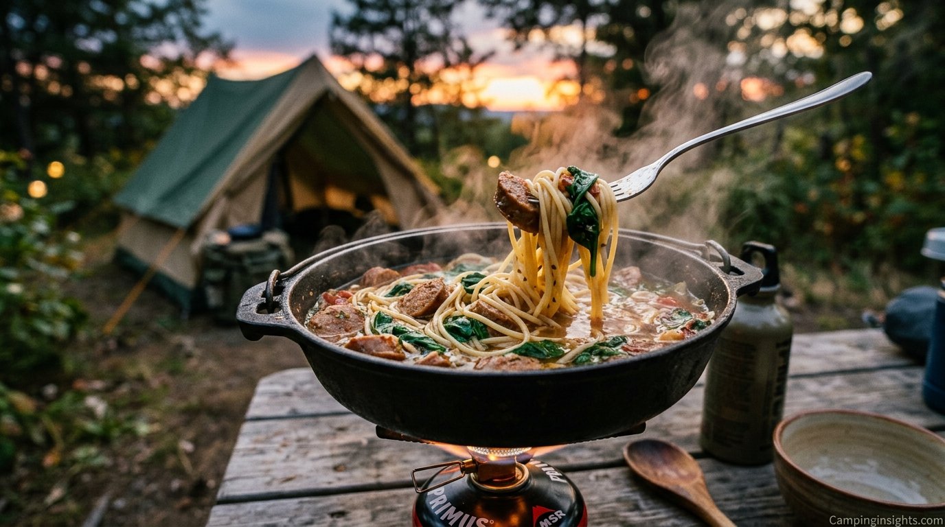 One-pot pasta with sausage camping dinner idea