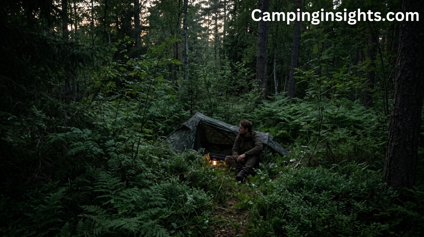 Person sitting beside a small tent hidden in dense forest undergrowth at dusk, stealth camping setup