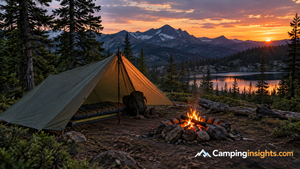 Primitive camping tent set up in a remote backcountry clearing at dusk
