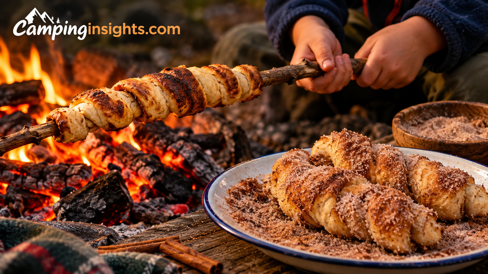 Roasted cinnamon sugar dough twists camping dessert idea