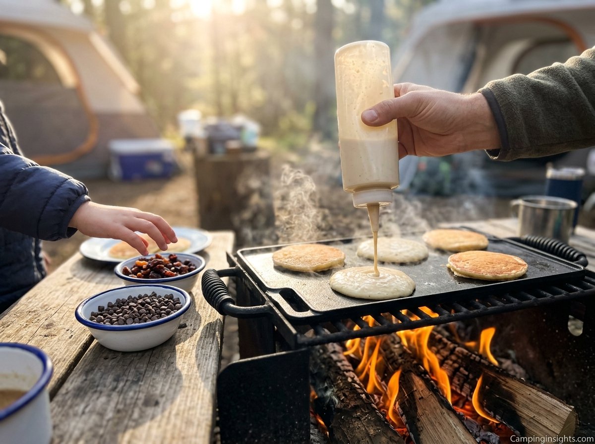 Squeeze bottle pancake batter idea for camping breakfast