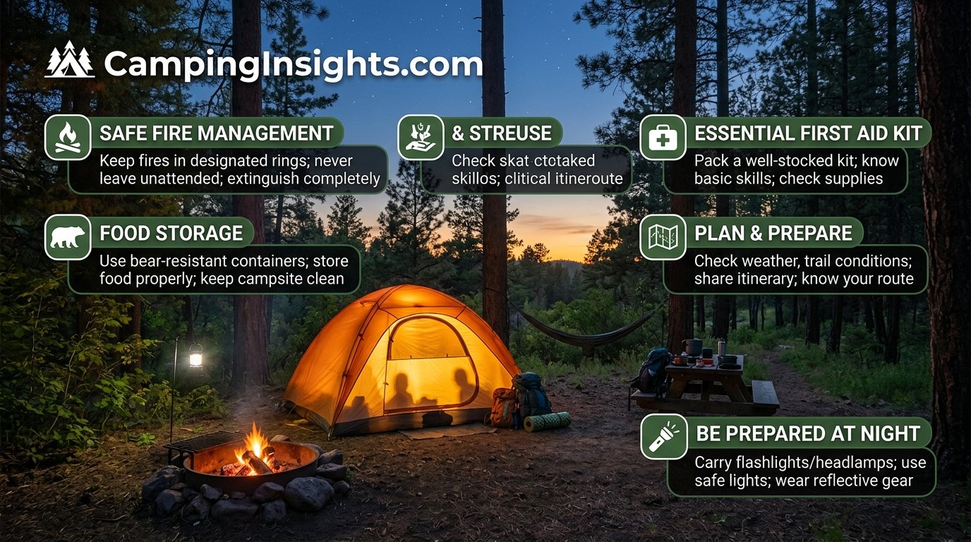 Tent glowing at dusk in a forest campsite, illustrating essential camping safety tips