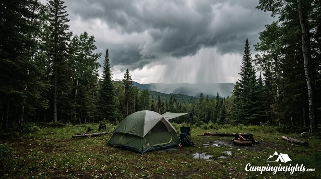 Tent pitched in a forest clearing with rain approaching
