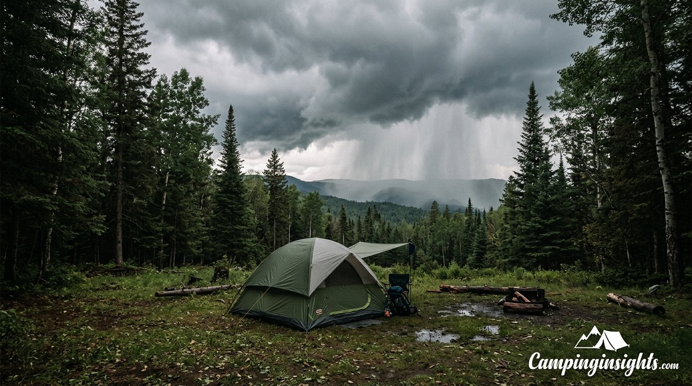 Tent pitched in a forest clearing with rain approaching