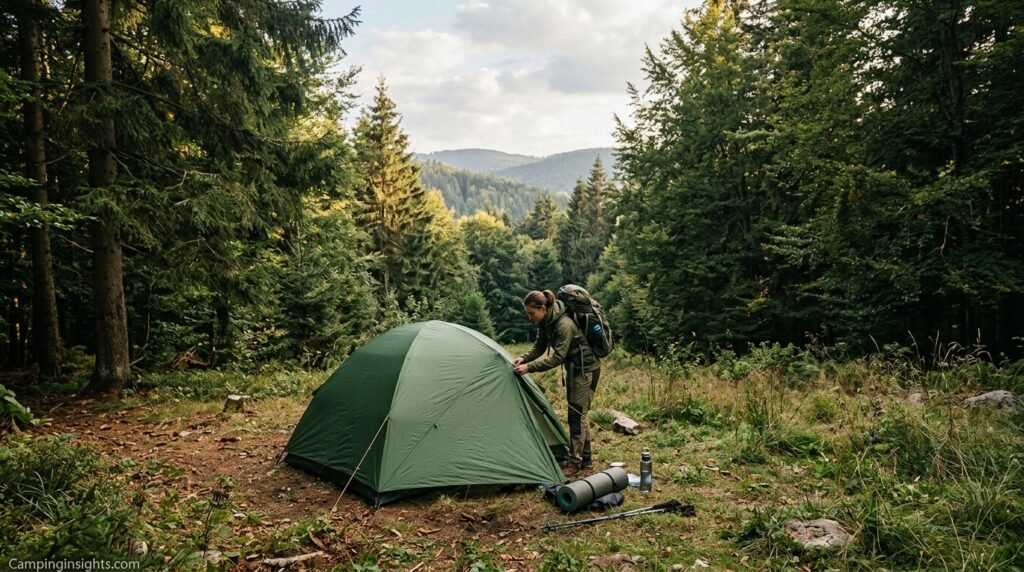 Tent set up alone in a remote forest clearing with no other campers nearby