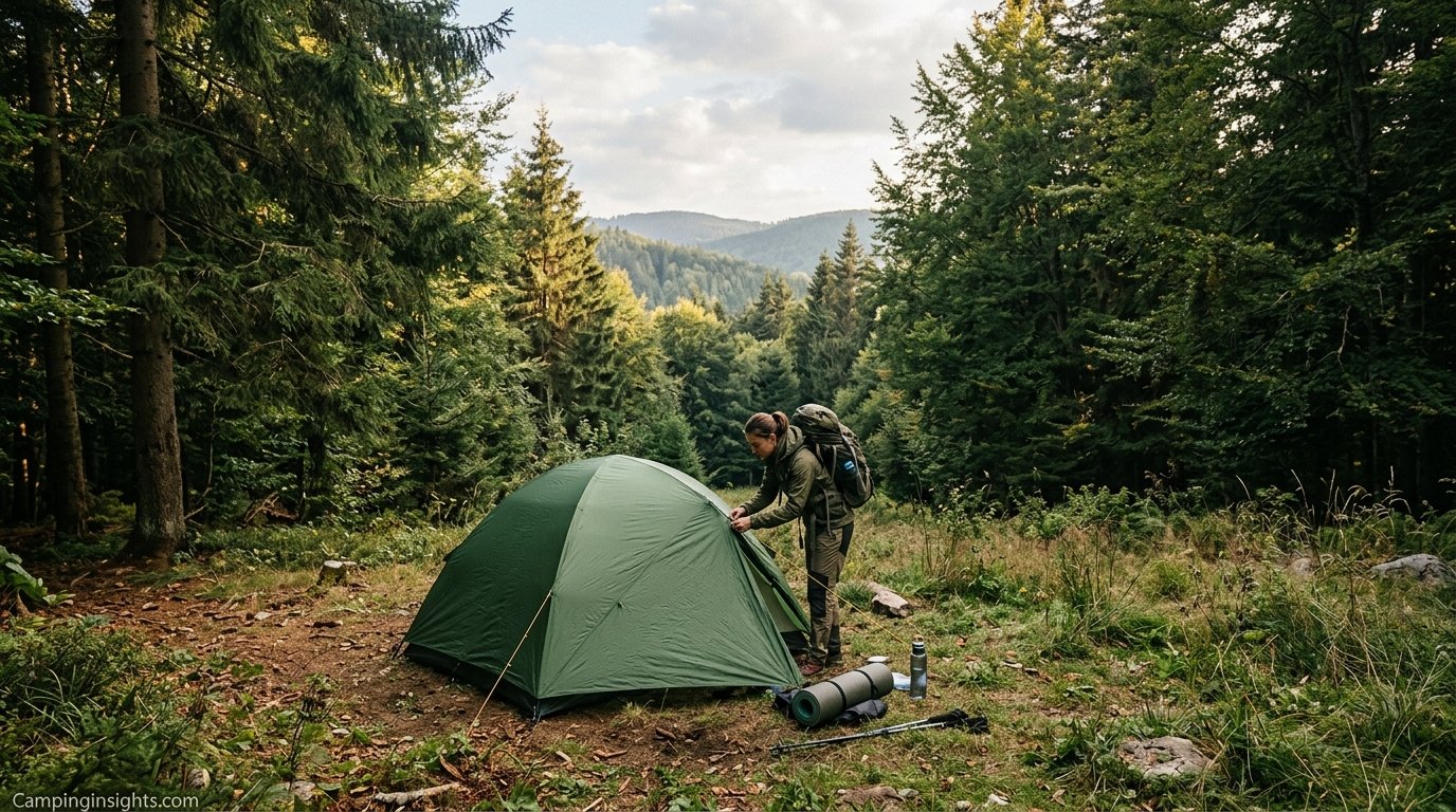 Tent set up alone in a remote forest clearing with no other campers nearby
