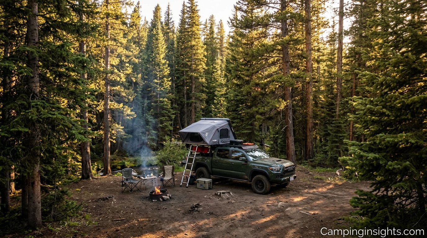 Truck and rooftop tent parked at a dispersed campsite surrounded by pine trees