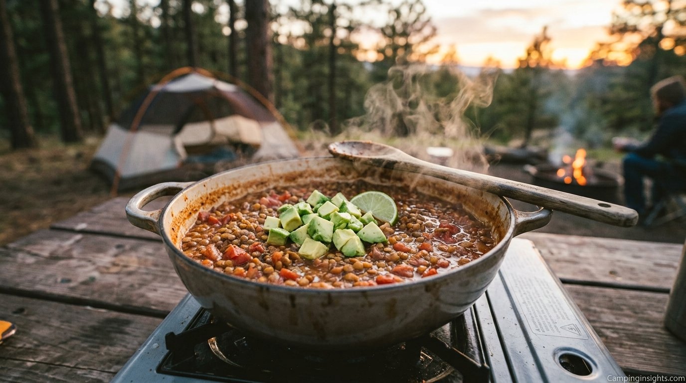 Vegan lentil chili camping food idea