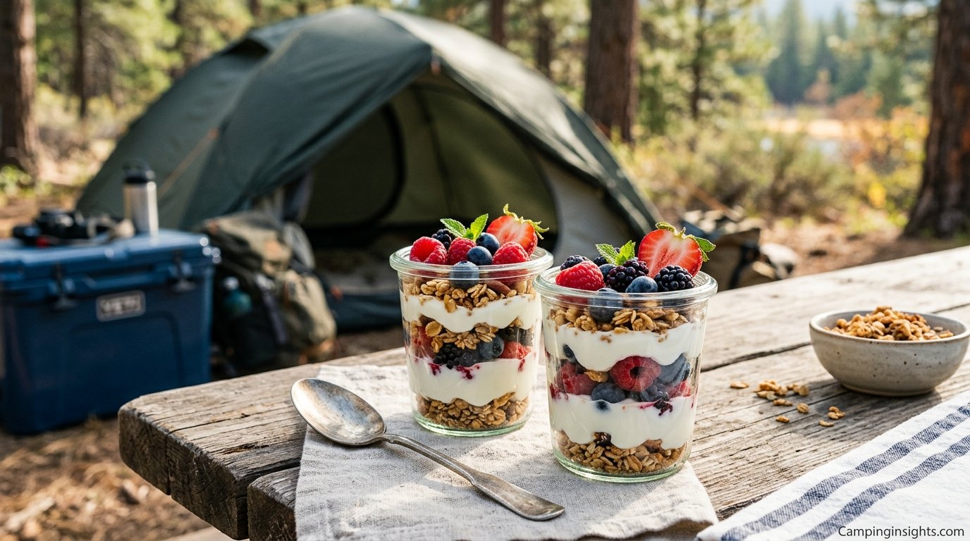 Yogurt and granola parfait cup camping breakfast idea