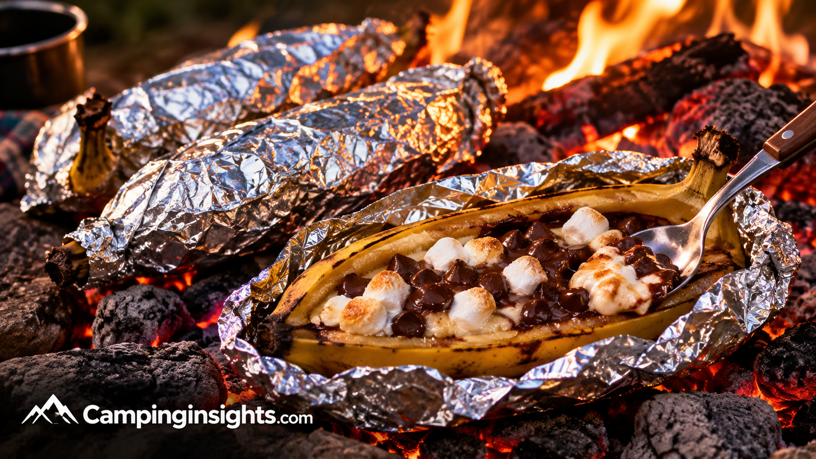 Campfire banana boat dessert camping food idea